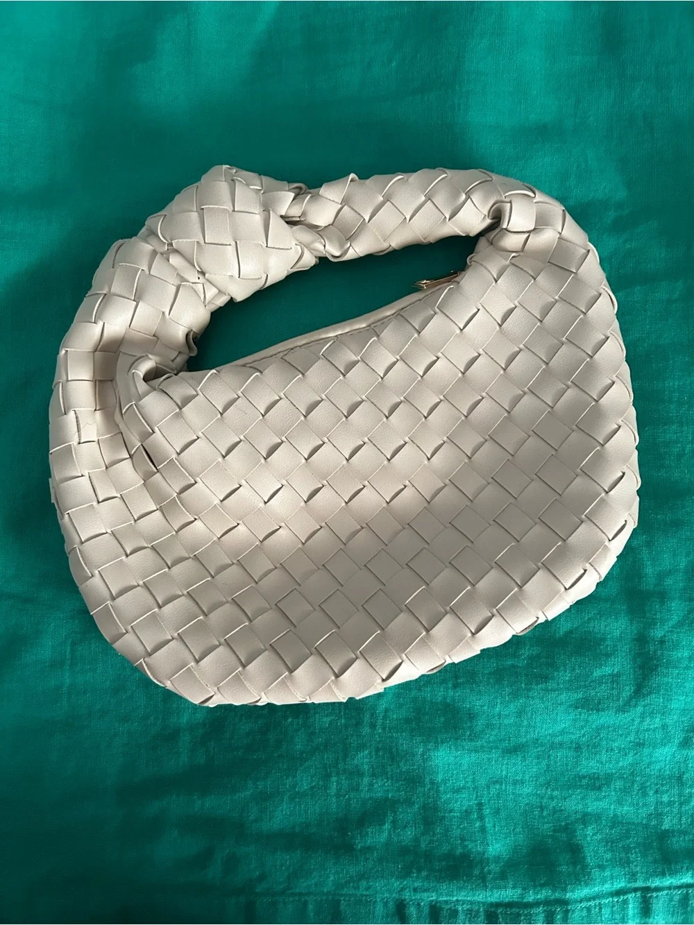Cream Woven Knot Handle Hobo Bag | Vegan Leather Mini Shoulder Purse Description